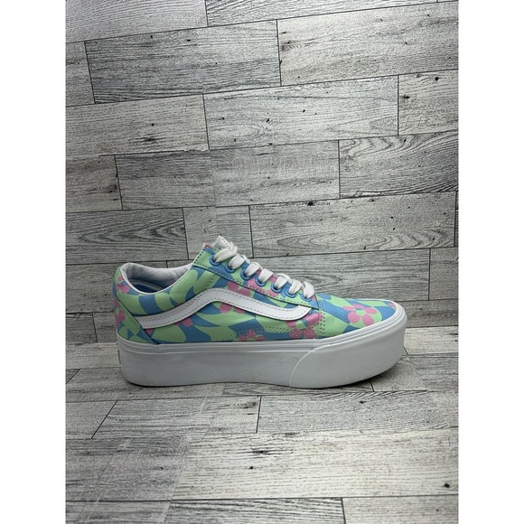 Vans‎ Old Skool Stacked Platform Shoes Womens 8 Men 6.5 Checkerboard Floral Blue - Picture 9 of 11
